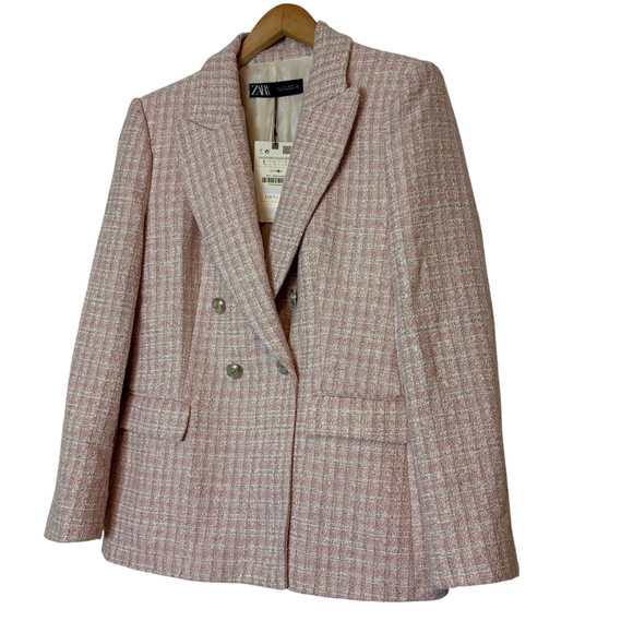 Zara Pink & Silver Tweed Blazer Double Breasted Tailored Jacket Size L NWT - Picture 12 of 14